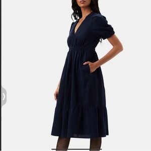Amour Vert Danielle Navy Linen Cotton Blend Midi Dress Size Mediium New With Tag